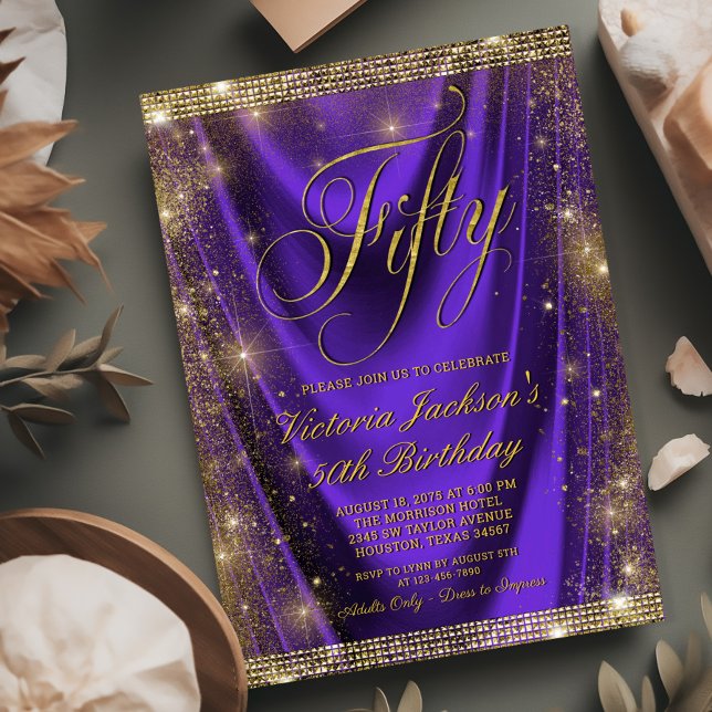 Invitation Femme Glam Purple Gold 50e anniversaire (Need a different year? Simply send us a message.)