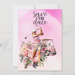Invitation Femme golfeuse avec voiturette de golf rose sur ro