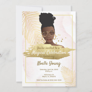 Invitation Femme noire, Anniversaire Tropical Golden Rose