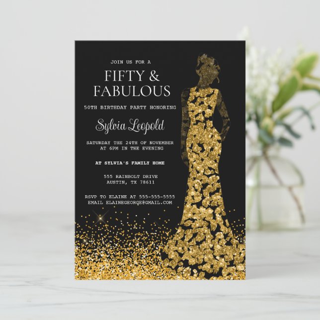 Invitation Femme noire et or en robe 50e anniversaire (Debout devant)
