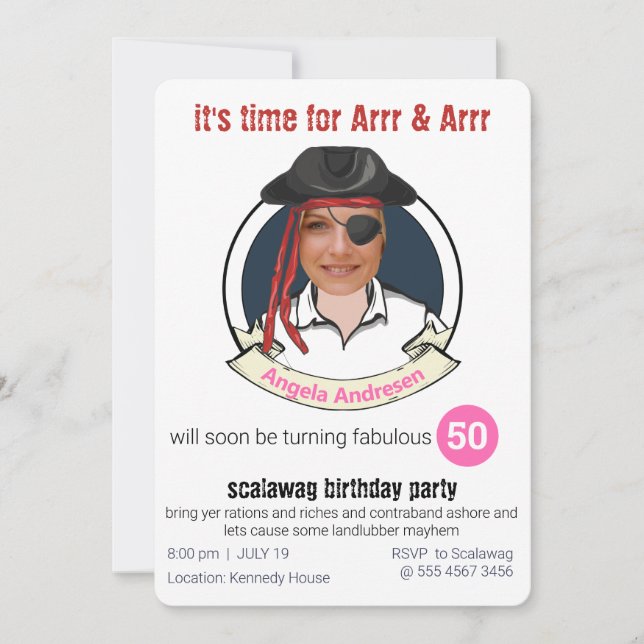 Invitation Femme Pirate Anniversaire Amusant Ajouter votre vi (Devant)
