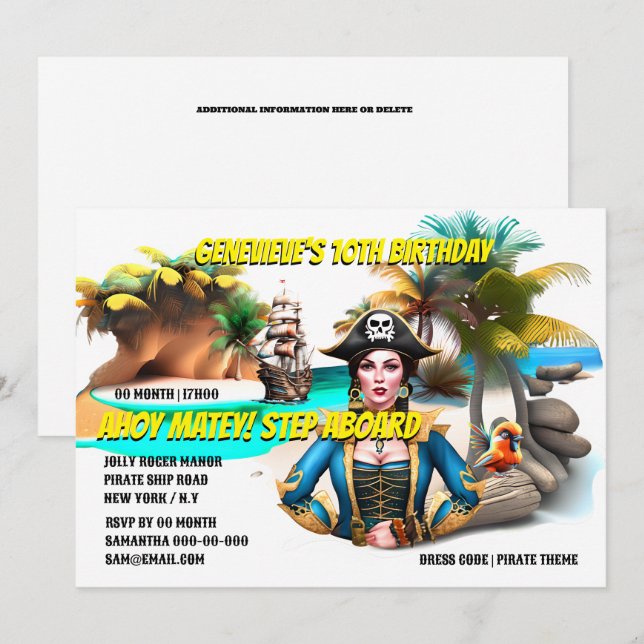 Invitation Femme pirate capitaine de l'île tropicale (Devant / Derrière)