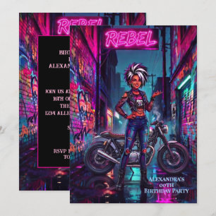 Invitation Femme rebelle Anniversaire Graffiti Moto Alleyway
