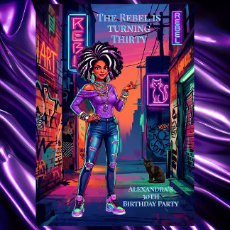 Invitation Femme rebelle Anniversaire Graffiti Néon Violet Al