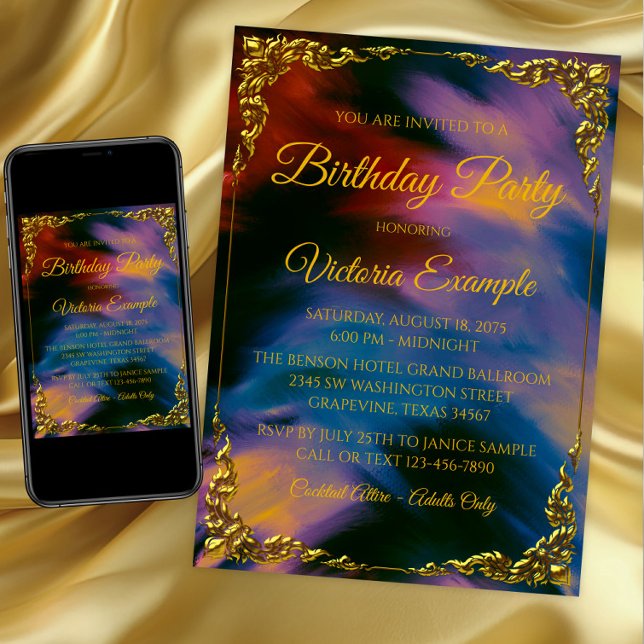 Invitation Femmes coucher de soleil bijou peindre coups de pi (Jewel tone and gold any event invitation. Instant download and printed invitations available.)