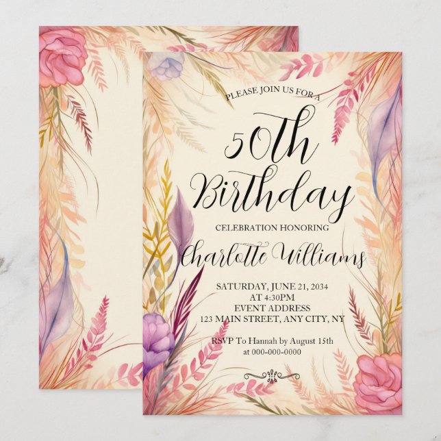 Invitation Femmes florales modernes 50e anniversaire (Devant / Derrière)