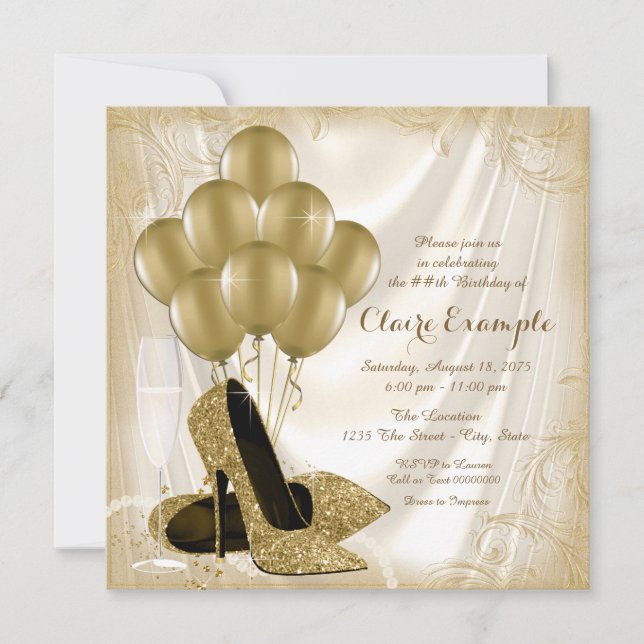 Invitation Femmes ivoire et or fête d'anniversaire Satin Part (Devant)