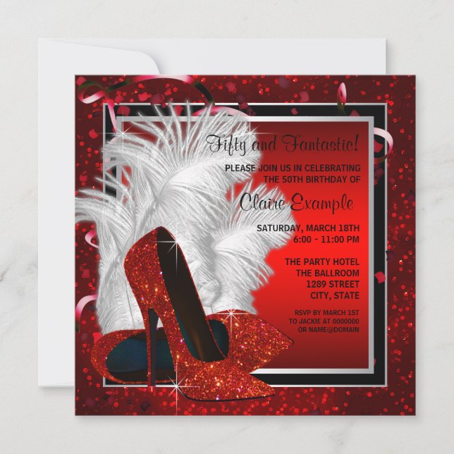 Invitation Femmes Noir et Rouge Haut talons fête d'anniversai (Devant)
