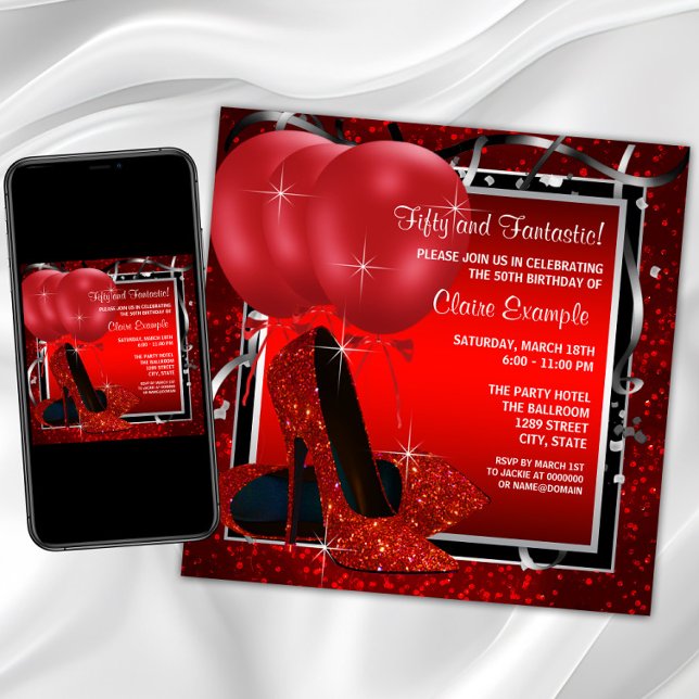 Invitation Femmes Noir et Rouge Haut talons fête d'anniversai (Womans red and silver birthday party invitation with red high heel shoes on a red and black back.)