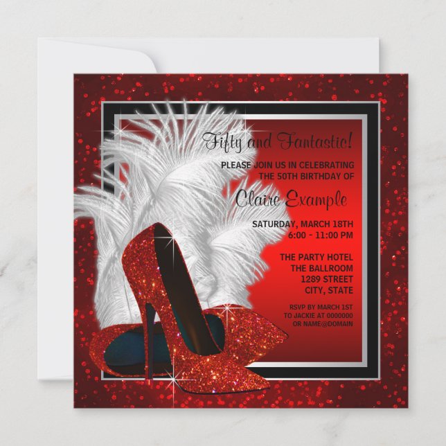 Invitation Femmes Noir et Rouge Haut talons fête d'anniversai (Devant)