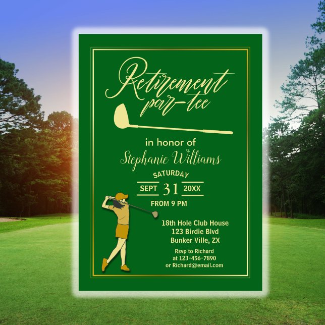 Invitation Femmes Retraite Golf Party Classic Green Golden (Créateur téléchargé)