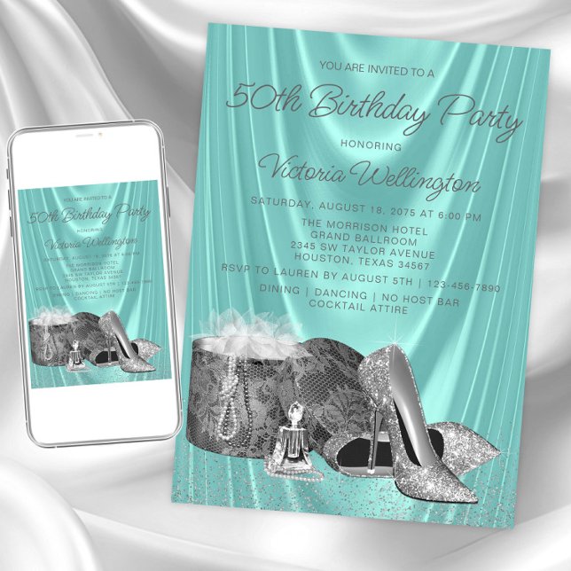 Invitation Femmes Turquoise Bleu Chaussure Argent N'importe q (Womans teal silver any birthday invitation. Instant download and printed invitations available.)
