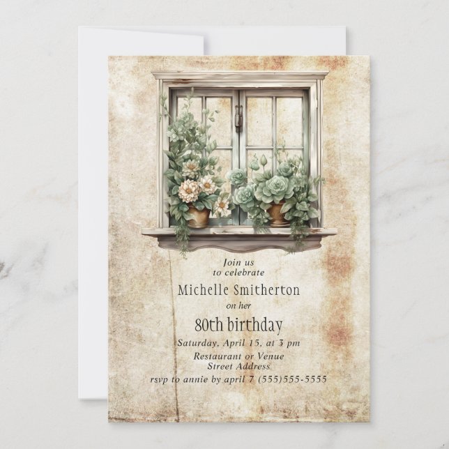 Invitation Fenêtre Jardin Succulents Rustique 80e anniversair (Devant)