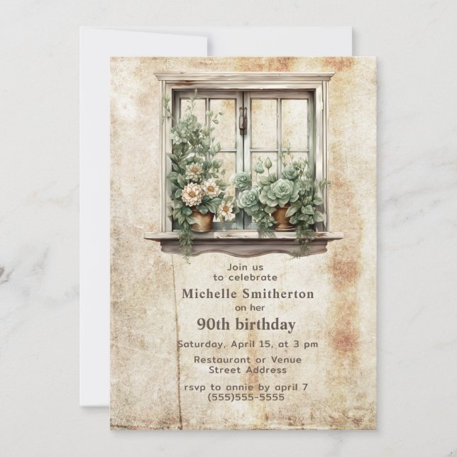 Invitation Fenêtre Jardin Succulents Rustique 90e anniversair (Devant)