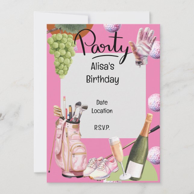 Invitation Fer de golf avec balle partout sur rose pour golfe (Devant)