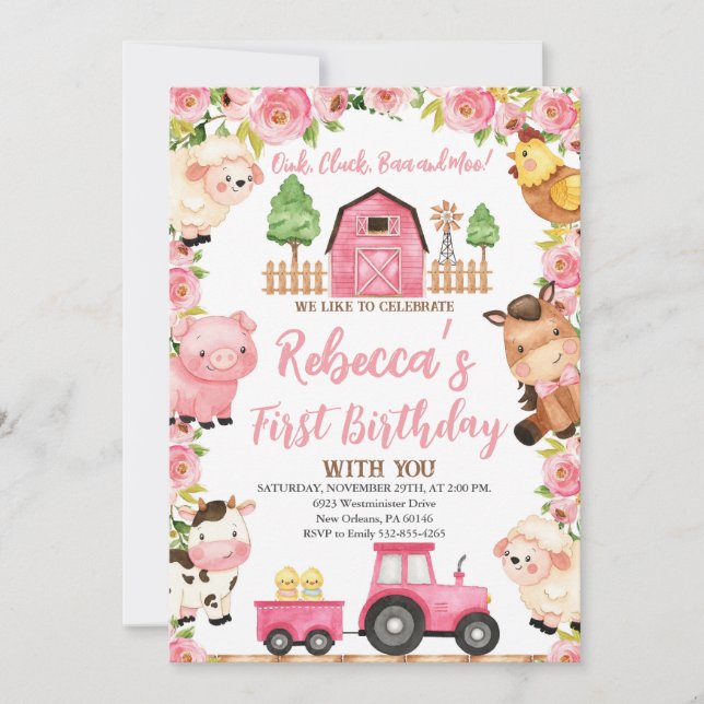 Invitation Ferme 1er anniversaire pour les filles, animaux de (Devant)