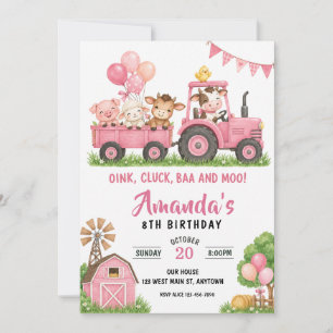 Invitation Ferme Animaux de la grange Tracteur Rose Anniversa