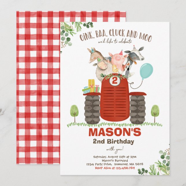 Invitation Ferme Anniversaire Garçon Vieux MacDonald Barnyard (Devant / Derrière)