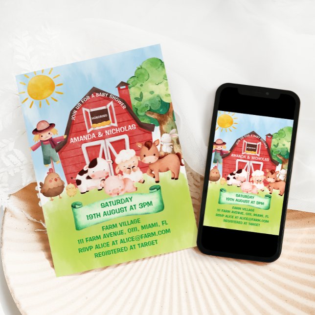 Invitation Ferme Barnyard Animaux Baby shower mignonne (Créateur téléchargé)