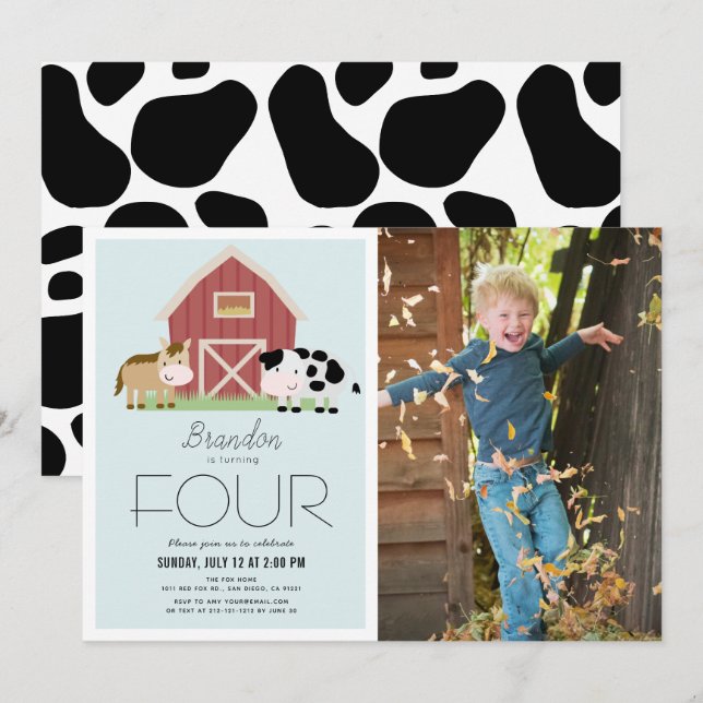 Invitation Ferme Barnyard Blue Boy Photo Anniversaire (Devant / Derrière)