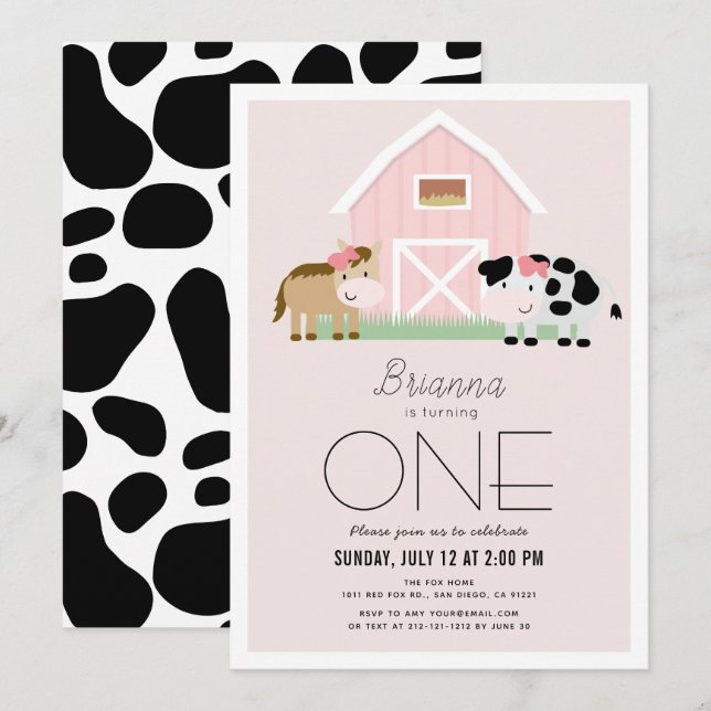 Invitation Ferme Barnyard Rose Girl 1er anniversaire (Devant / Derrière)