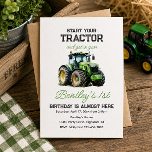 Invitation Ferme bleue amusante tracteur vert fête du premier