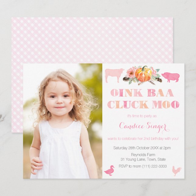 Invitation Ferme citrouille ou la mouture Zoo Fille fête d'an (Devant / Derrière)