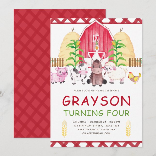 Invitation Ferme d'aquarelle Cute Anniversaire (Devant / Derrière)