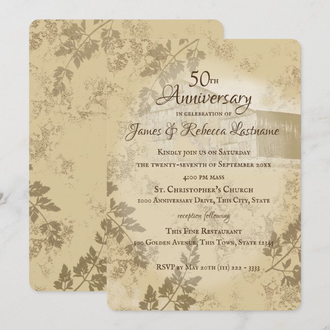Invitation Ferme de campagne en or antique 50e anniversaire d (Devant / Derrière)