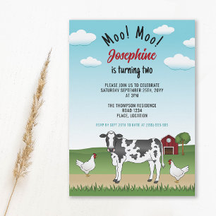 Invitation Ferme de vaches et de poules noir et blanc Anniver