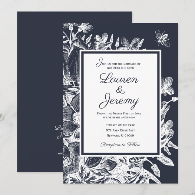 Invitation Ferme mariage Florale Marine & Blanc (Devant / Derrière)