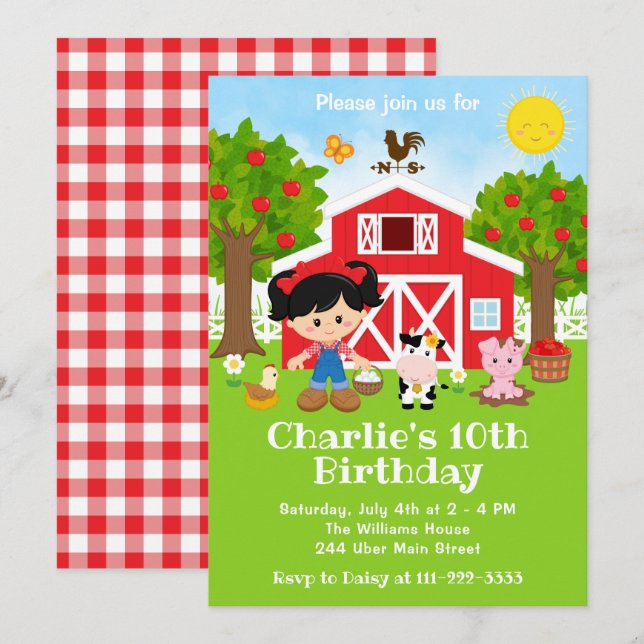 Invitation Ferme Red Barnyard Anniversaire Black Hair Girl (Devant / Derrière)