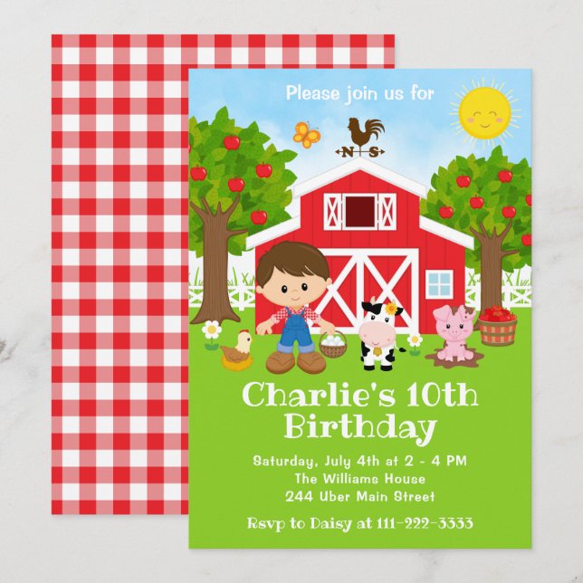 Invitation Ferme Red Barnyard Anniversaire Brown Cheveux garç (Devant / Derrière)