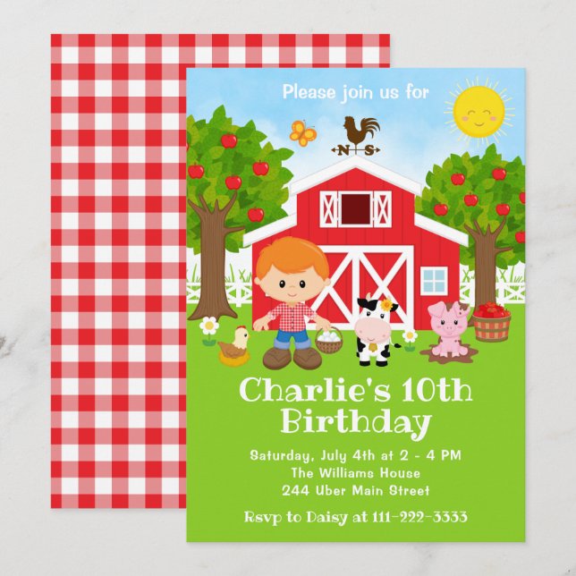 Invitation Ferme Red Barnyard Anniversaire Red Hair Boy (Devant / Derrière)