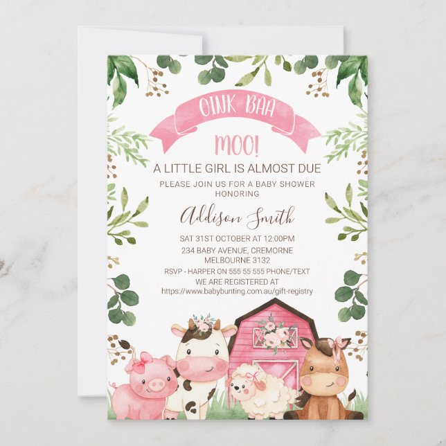 Invitation Ferme rose Floral Baby shower Grange (Devant)