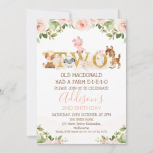 Invitation Ferme rose Floral Girls 2e anniversaire 