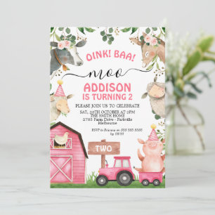 Invitation Ferme Rose Grange et tracteur filles Anniversaire