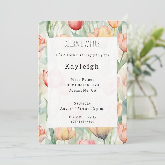 Invitation Ferme Rouge Fleurs de tulipe jaune Anniversaire (Debout devant)