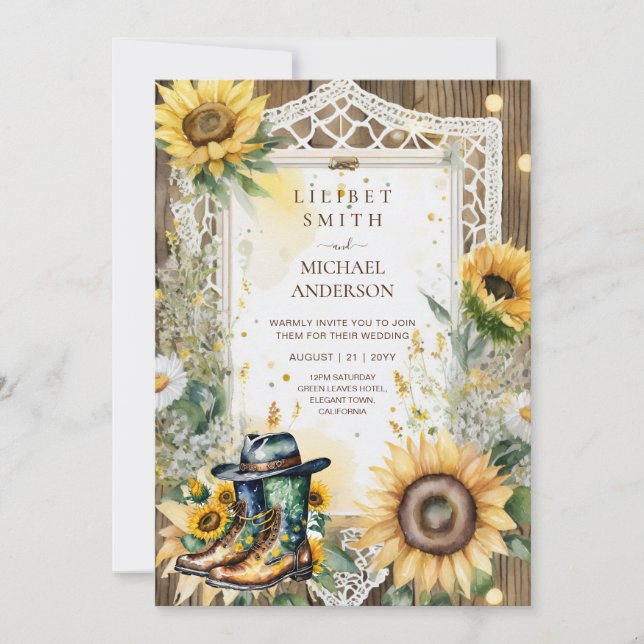 Invitation Ferme Rustique Mariage de tournesols (Devant)