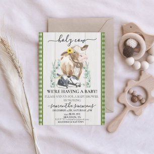 Invitation Ferme Sainte Vache Veau Baby Shower Gingham Vert 