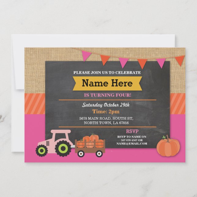 Invitation Ferme Yard Fête d'anniversaire Citrouille Tracteur (Devant)