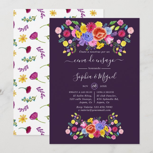 Invitation Festif aquarelle Floral Fiesta Dîner de répétition (Devant / Derrière)