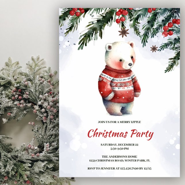 Invitation Festif Cute Aquarelle Blanc Ours Noël (Créateur téléchargé)