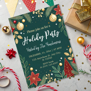 Invitation Festif floral moderne chic Green Holiday Party