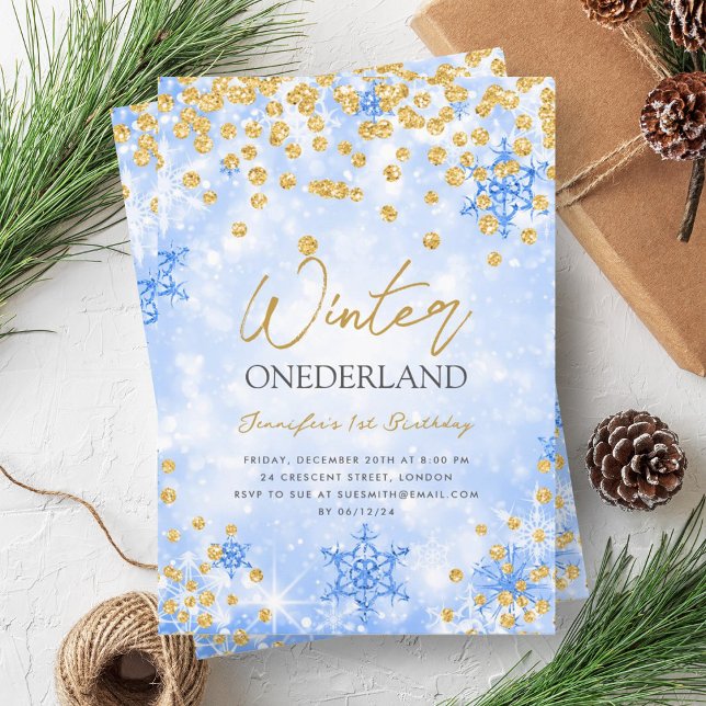 Invitation Festif Gold Blue Winter ONEDERLAND 1er anniversair (Festive Gold Blue Winter ONEDERLAND 1st Birthday Invitation)