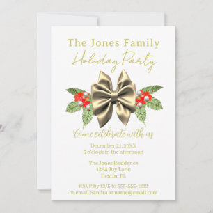 Invitation Festif Gold Bow, Green Floral White Holiday Party