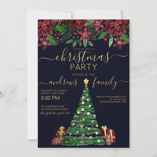 Invitation Festif Gold Holiday Tree Cadeaux Floral Noël (Devant)