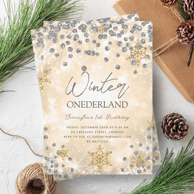 Invitation Festif Gold Silver Winter ONEDERLAND 1er anniversa (Festive Gold Silver Winter ONEDERLAND 1st Birthday Invitation)