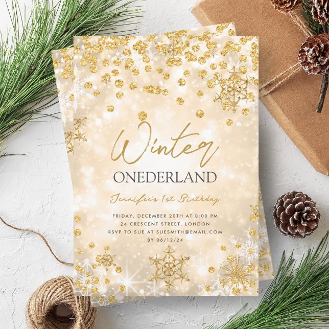 Invitation Festif Gold Winter ONEDERLAND 1er anniversaire (Festive Gold Winter ONEDERLAND 1st Birthday Invitation)