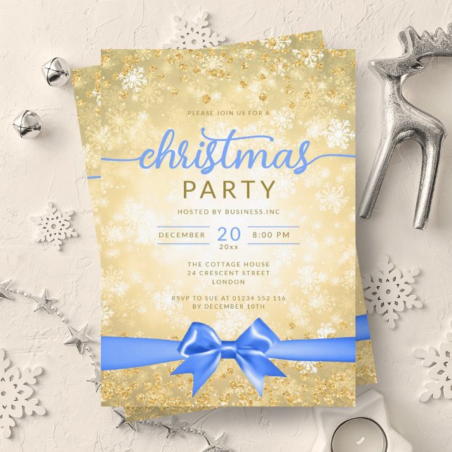 Invitation Festif Gold Winter Snowflakes Company Blue Ribbon (Festive Gold Winter Snowflakes Company Blue Ribbon Invitation)